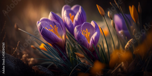 Crocuses with sunny background. AI generated illustration