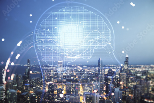 Double exposure of creative artificial Intelligence hologram on Chicago city skyscrapers background. Neural networks and machine learning concept