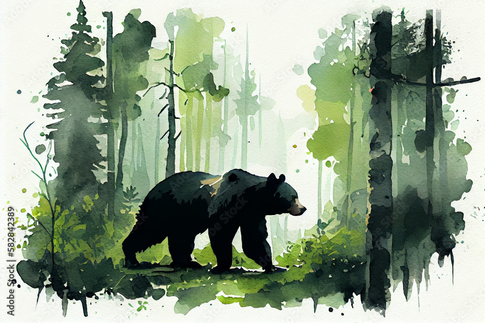 watercolor sketch of black bear walking in green forest. generative ai ...