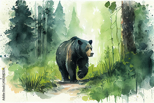 watercolor sketch of black bear walking in green forest.  generative ai.