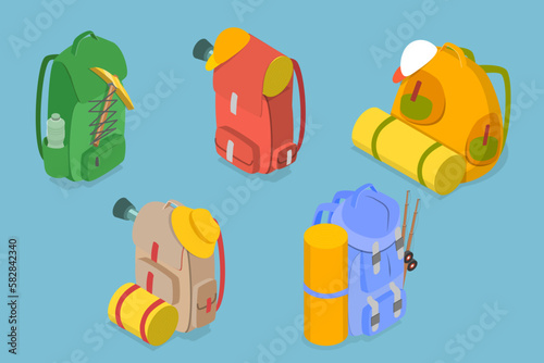 3D Isometric Flat Vector Set of Traveler Camp Knapsacks, Tourist Bag with Accessories