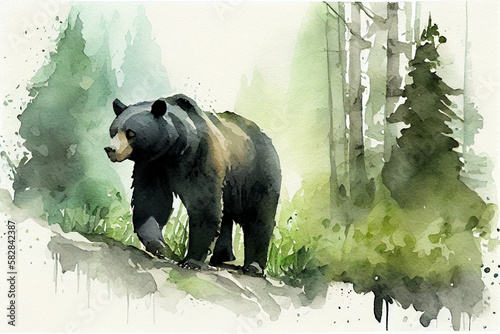 watercolor sketch of black bear walking in green forest.  generative ai.