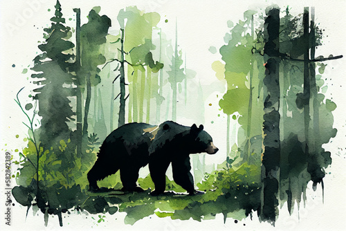 watercolor sketch of black bear walking in green forest.  generative ai.