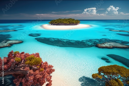 Amazing drone view of the beach and water with beautiful colors. Maldives paradise scenery water villas with amazing sea and lagoon beach, tropical nature. summer vacation.