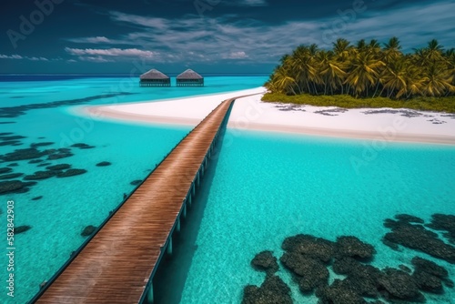 Amazing drone view of the beach and water with beautiful colors. Maldives paradise scenery water villas with amazing sea and lagoon beach, tropical nature. summer vacation.