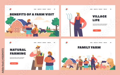Family Farm Landing Page Template Set. Farmers Work On Land, Raising Crops And Livestock, Cartoon Vector Illustration © Pavlo Syvak
