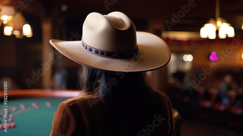Girl in a cowboy hat in a casino. generative AI