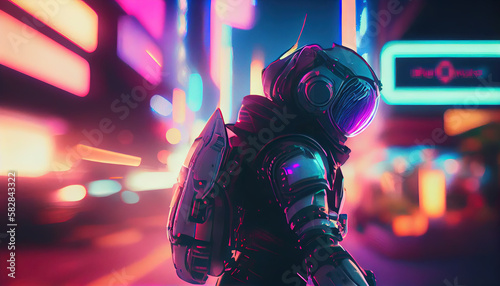 Picture of astronaut - man or woman in suit with helmet, futuristic background