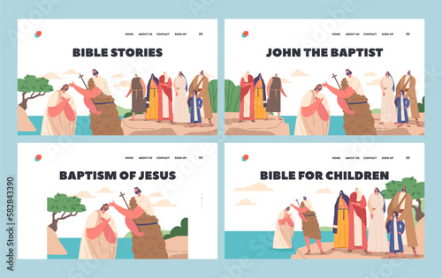 Bible Stories Landing Page Template Set. John Baptist Baptizing Jesus In Jordan River Biblical Scene Vector Illustration