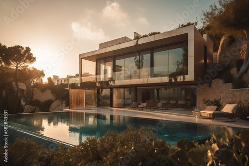 Contemporary villa with pool and garden in a sunny day, generative ai © FrankBoston