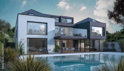Modern luxury home with pool and garden at blue hour, generative ai