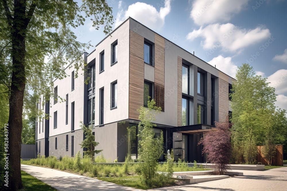modern residential building in suburban neighborhood. Generative AI modern residential building in suburban neighborhood. Generative AI