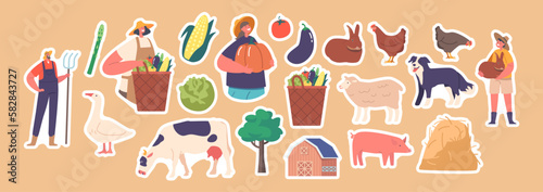 Set of Stickers Family Farmers Work On The Land, Raising Crops And Livestock. Parents and Children with Products