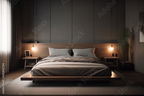 Stylish, minimalist bedroom with a nice bed, a table lamp for lighting, furniture, and a mock up picture frame on the wall. Generative AI © AkuAku