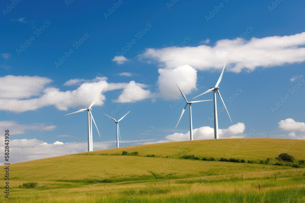 Beautiful large wind turbines on hilly fields on a sunny day. Generative AI Beautiful large wind turbines on hilly fields on a sunny day. Generative AI