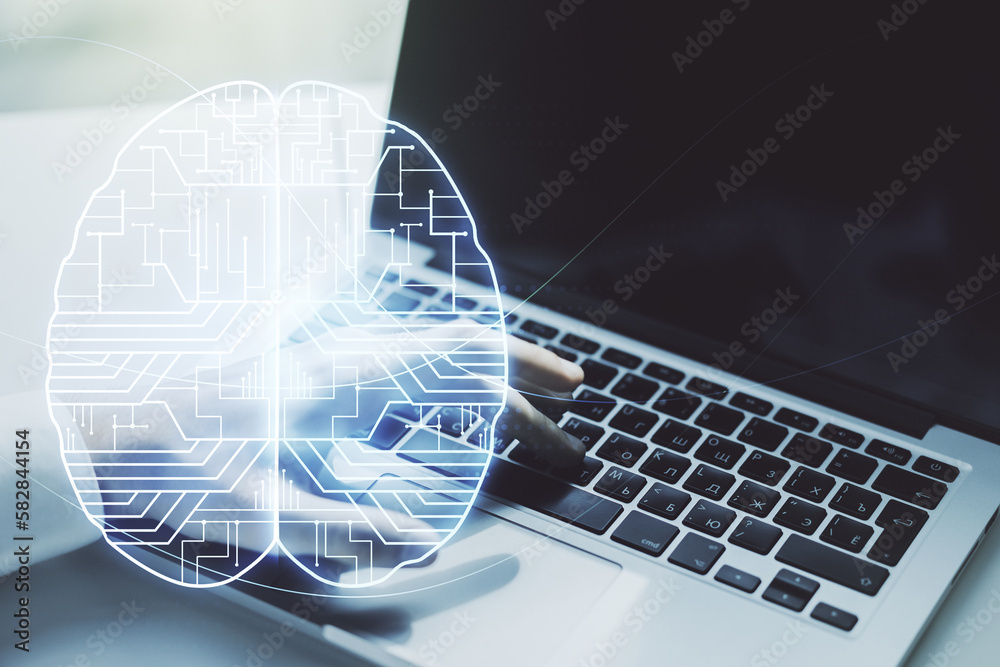 Double exposure of creative artificial Intelligence symbol with hands typing on laptop on background. Neural networks and machine learning concept Double exposure of creative artificial Intelligence symbol with hands typing on laptop on background. Neural networks and machine learning concept