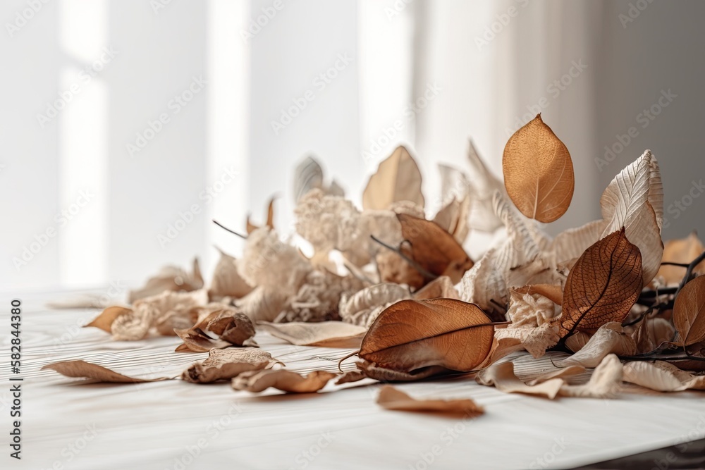 Natural dried leaves on a background of a white wall and a white wooden table. Generative AI
