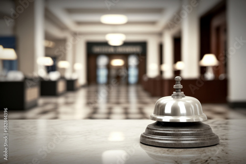 Hotel service call at the front desk against the backdrop of the hotel lobby. Hotel business concept. AI Generated.