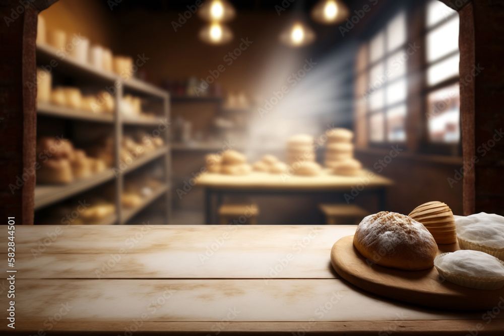 Wooden table top on blurred background of bakery for product display iri advertising. AI Generated. Wooden table top on blurred background of bakery for product display iri advertising. AI Generated.