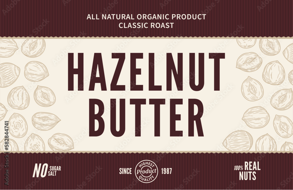 Naklejka premium Hazelnut butter label and packaging design template. Vector hazelnut illustration