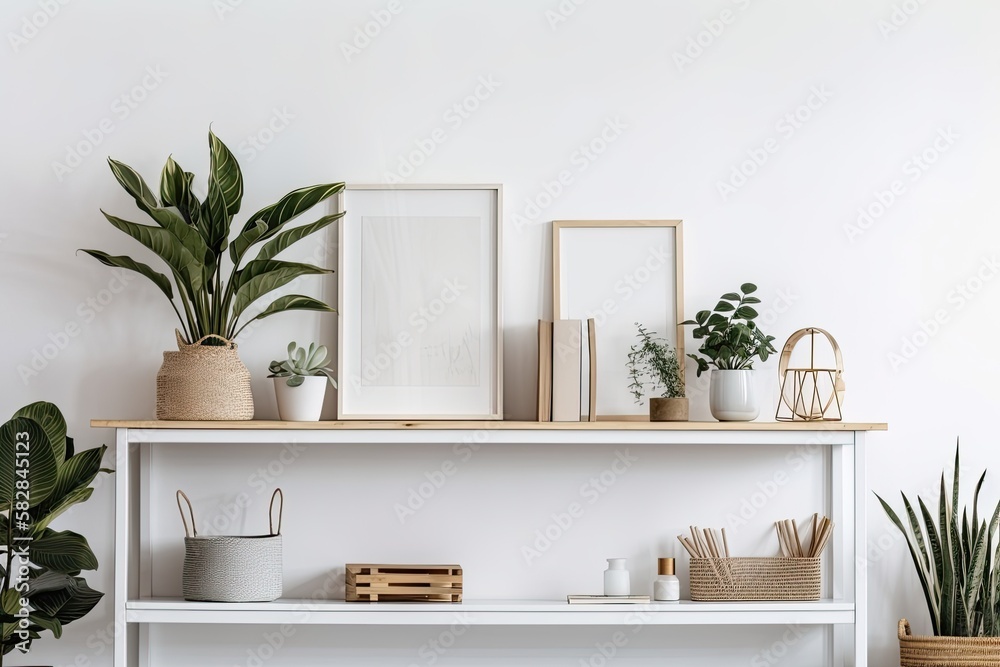 Shelf with plants and a white frame. Generative AI Shelf with plants and a white frame. Generative AI