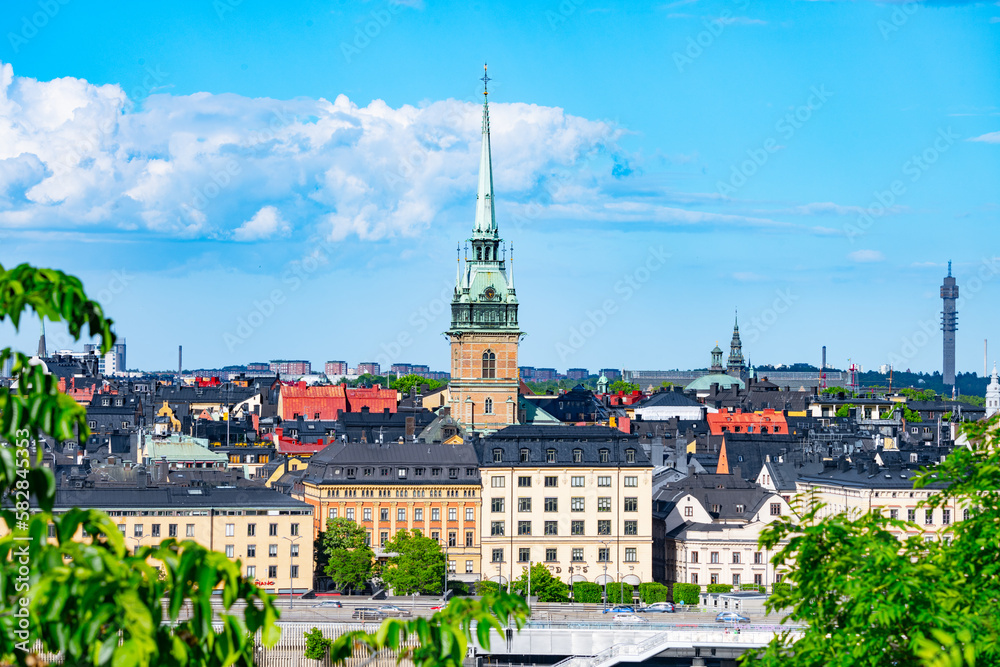 Stockholm skyline with the tower of St. Gertrude Church, also known as the German Church, in the Old Town, Stockholm, Sweden