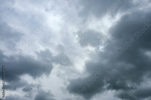 Gray cloudy sky. Cumulus clouds. Nature background. Rainy windy weather forecast. Before a thunderstorm, hurricane or storm. The power and strength of nature. Air element. Wallpaper. Moving ciclone