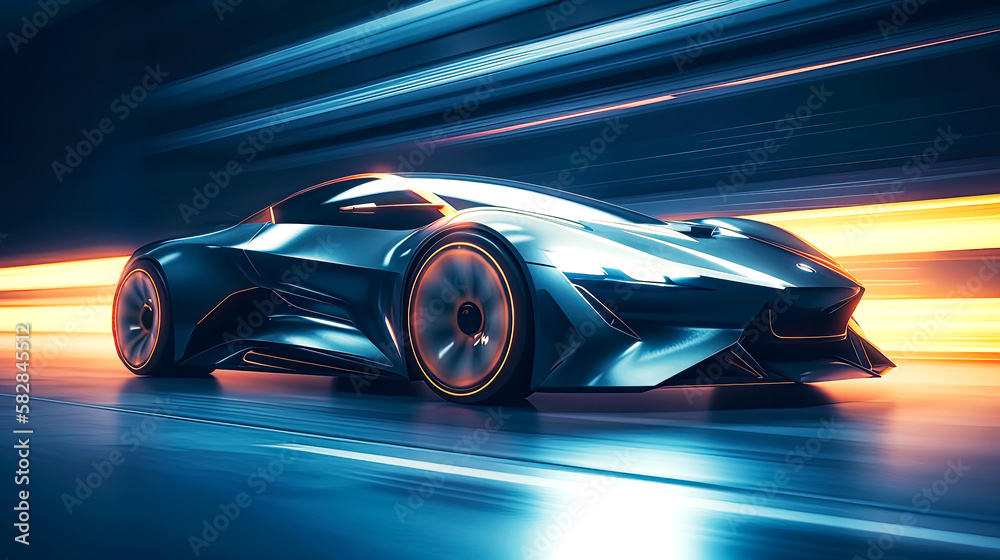 Futuristic sport car at fast ride on road at night. Postproducted generative AI illustration.