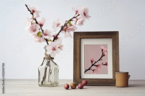 branches of almond blossoms in a vase with a facsimile of a photo frame. Copy space with a white background. Generative AI