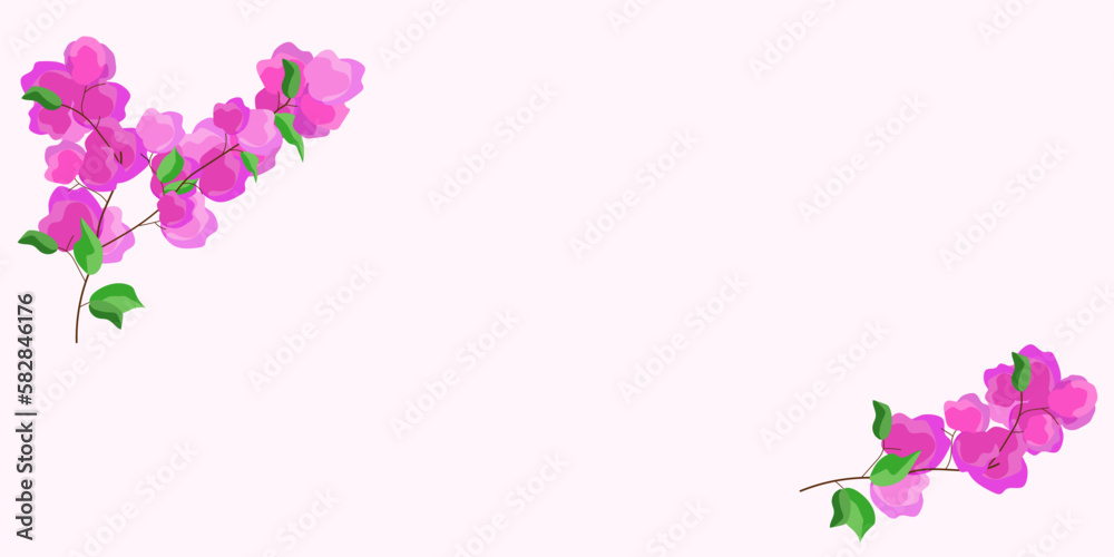 Frame with pink bougainvillea flowers on a light lilac background. Floral vector illustration with copy space.