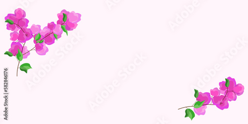 Frame with pink bougainvillea flowers on a light lilac background. Floral vector illustration with copy space.