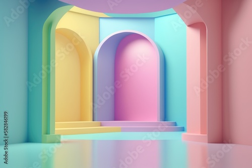 Stand podium wall scene pastel color background  geometric shape for product display presentation.