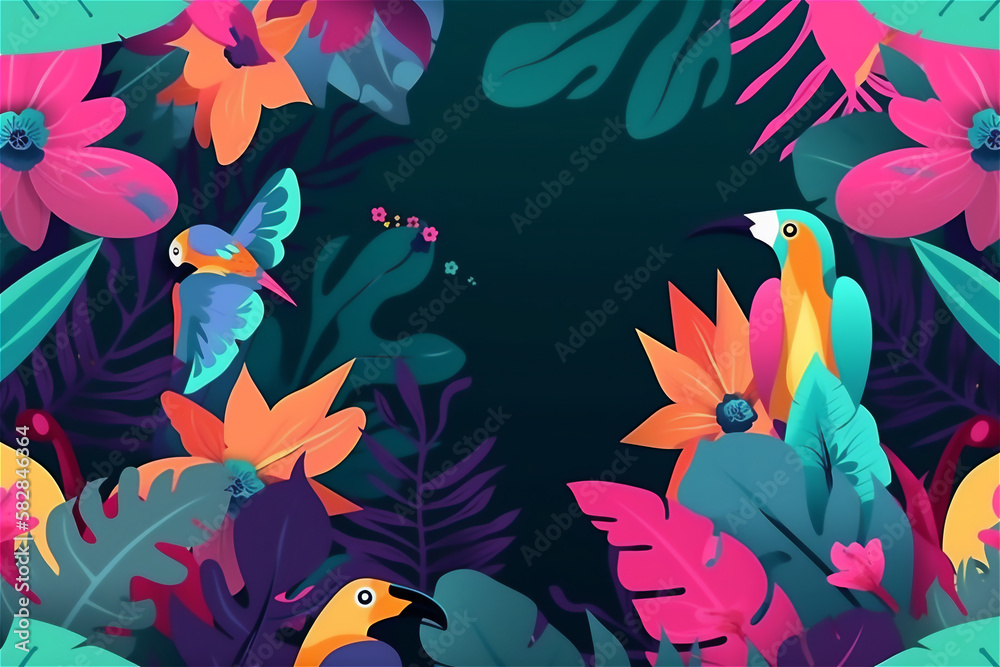 Tropical foliage and flower pattern with a variety of exotic blooms and palm leaves on an exotic background. generative ai