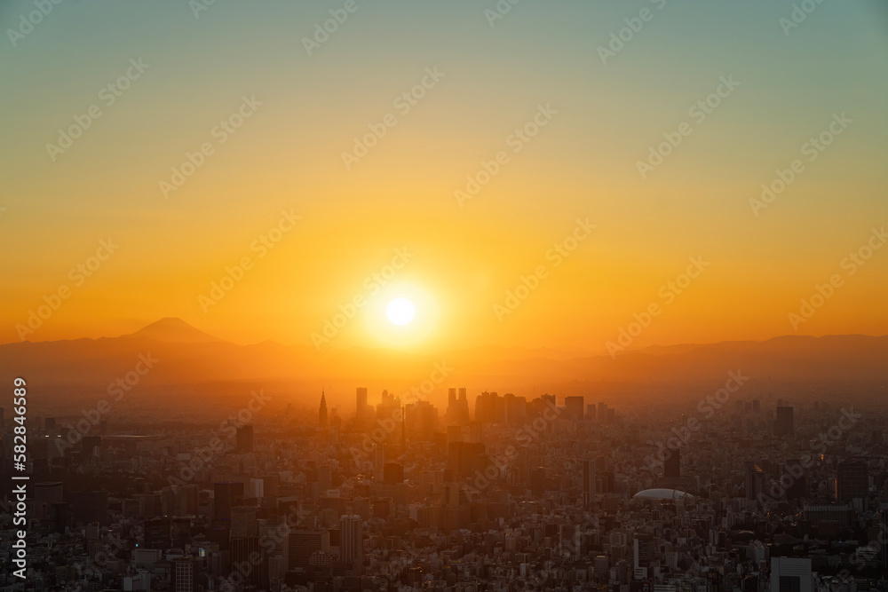 Aerial view. The skyline at sunset with Mount Fuji in Tokyo, Japan