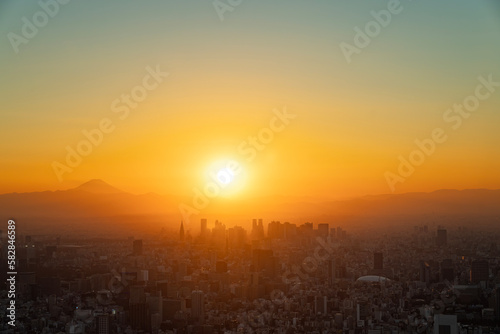 Aerial view. The skyline at sunset with Mount Fuji in Tokyo, Japan