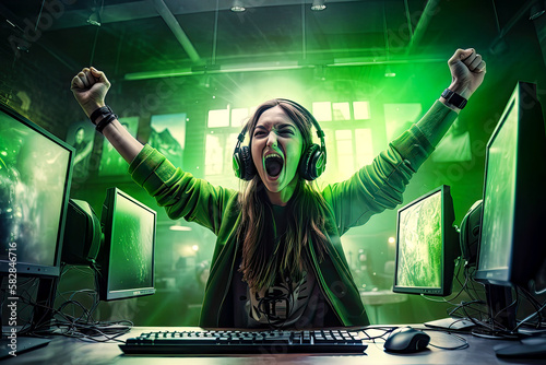 Professional eSports female gamer rejoices in the victory in green gaming room. Fictitious person made by Generative AI. photo