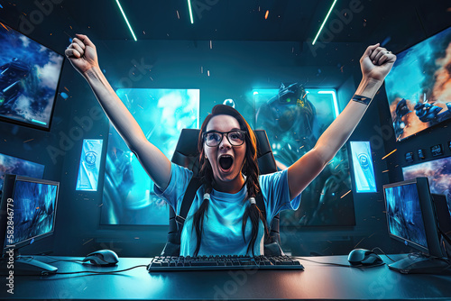 Professional eSports female gamer rejoices in the victory in gaming room. Fictitious person made by Generative AI.