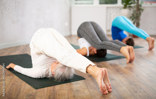Diligent women practicing plow pose of yoga on black mat in light fitness room with house plants