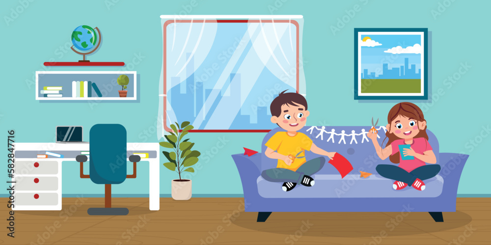 Vector illustration of cute kids making paper airplanes. A cartoon scene with a smiling boy and girl sitting in a room on a sofa and cutting out paper airplanes isolated on a white background. Vector illustration of cute kids making paper airplanes. A cartoon scene with a smiling boy and girl sitting in a room on a sofa and cutting out paper airplanes isolated on a white background.
