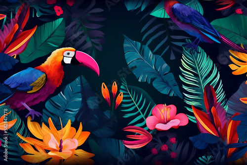 Vibrant tropical design with a variety of leaves, fruits, flowers, and birds on a white background.generative ai