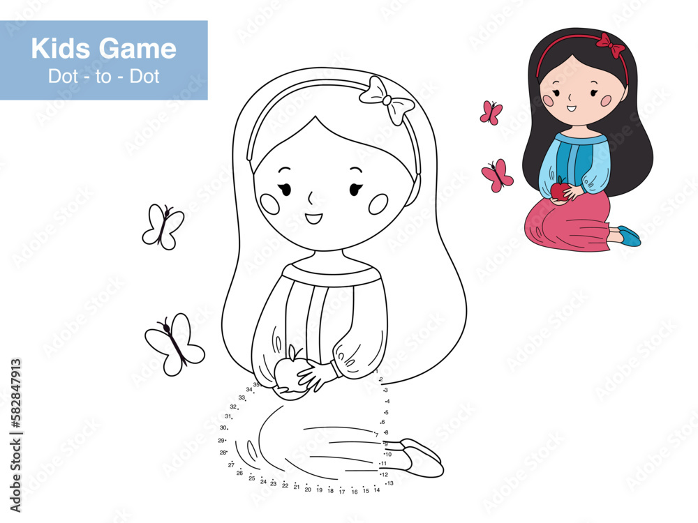 Number game. Dot to dot. Cute Snow White with apple. Cartoon princess. Fairy tale character. Educational puzzle. Printable activity page for kids. Connect the dots and color. Vector illustration.