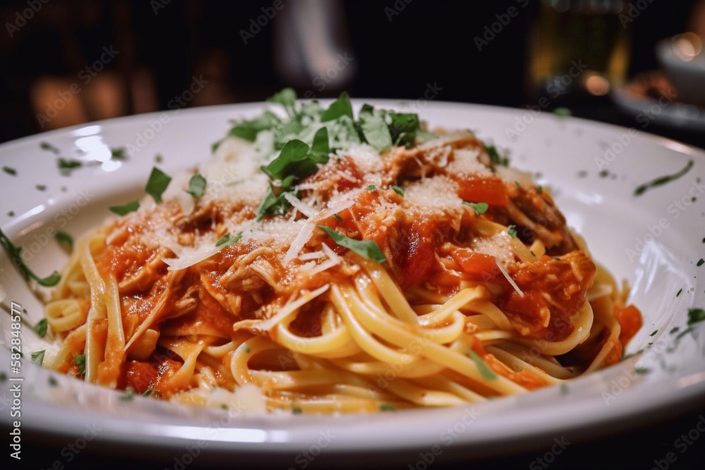 spaghetti pasta noodles with tomato sauce. generative AI spaghetti pasta noodles with tomato sauce. generative AI