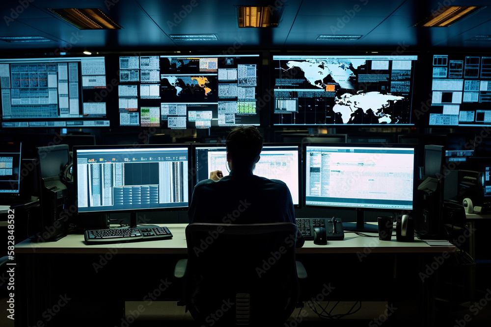 Man working in digital tech office space surrounded by dozens of computer monitors. generative AI Man working in digital tech office space surrounded by dozens of computer monitors. generative AI
