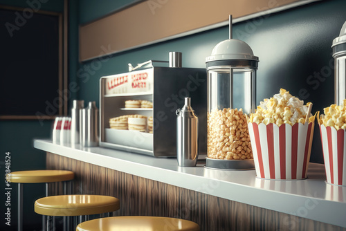 Cinema snack bar with popcorn and soft drinks. AI generated photo