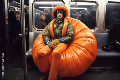 Man on New York City subway wearing absurd fashion with orange suspenders, matching hat and a giant, puffy bean bag appendage to sit on. generative AI photo