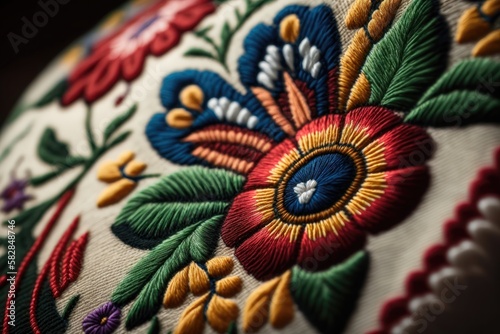 Close-up beautiful Ukrainian traditional style embroidery. Vyshivanka. AI generation © yuliachupina
