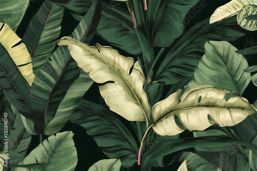 Rainforest-inspired background featuring lush pattern palm and banana leaves. ai generated.