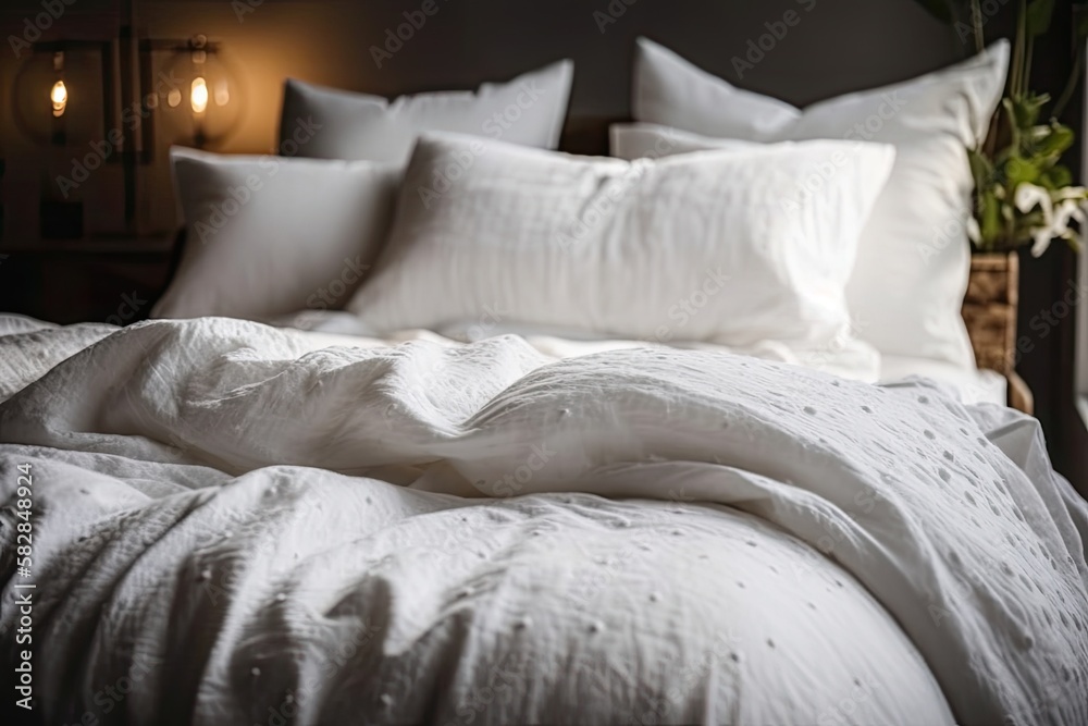 White pillows are selectively highlighted in the bedroom on a bed with a bedspread and duvet case. Generative AI