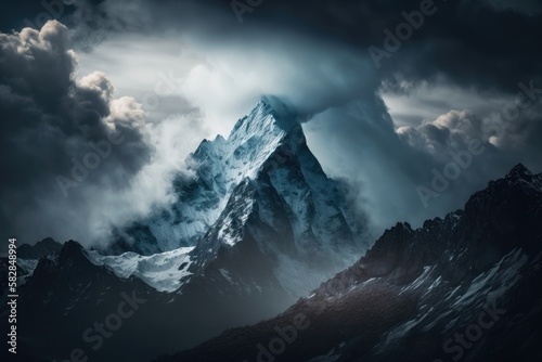 Cloud-shrouded mountain majesty. AI generated