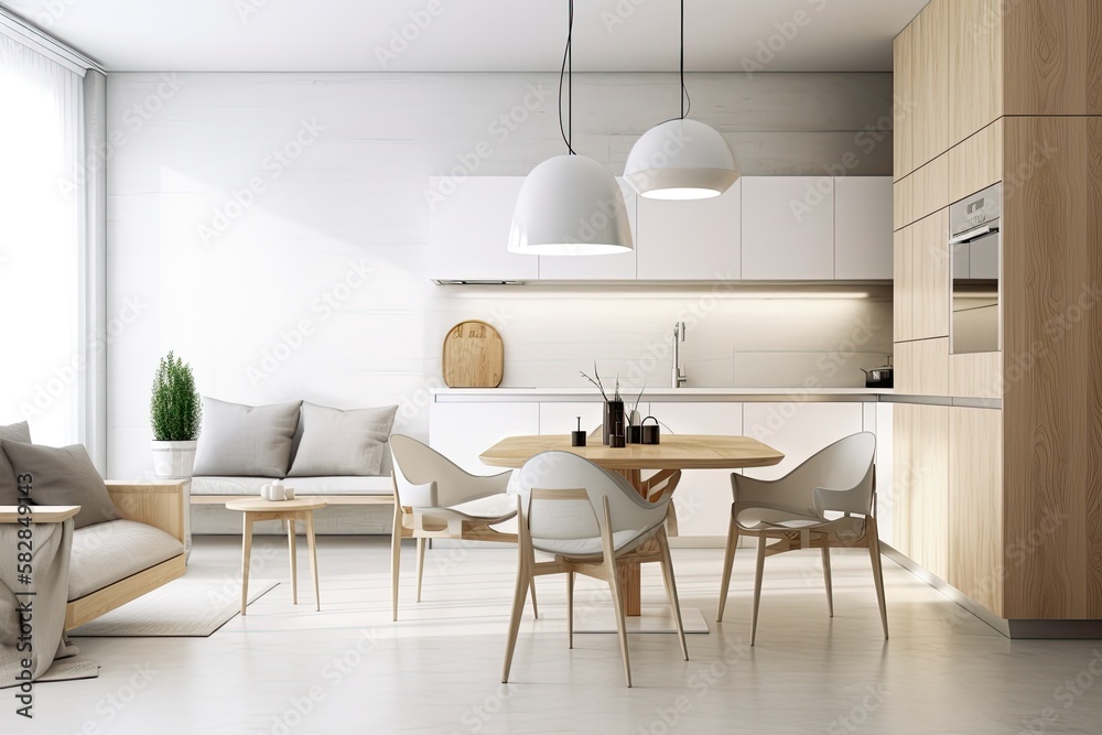 Fototapeta premium Living room and kitchen interior, white and beige Scandinavian style walls. Interior Scene and Mockup. Generative AI